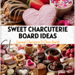 Heart-shaped treats and snacks arranged on a Valentine’s Dessert Charcuterie Board with charcuterie picks and crackers. 26